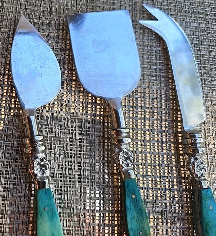 Cutlery Cheese Knife Set Vintage Slicer Spreader 3piece Teal Handles Stainless