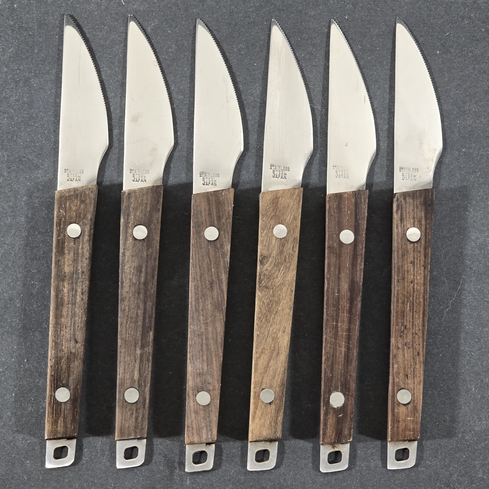 Vintage Newco Newtonia Japan Teak & Stainless Steel Handle Steak Knives Set Of 6