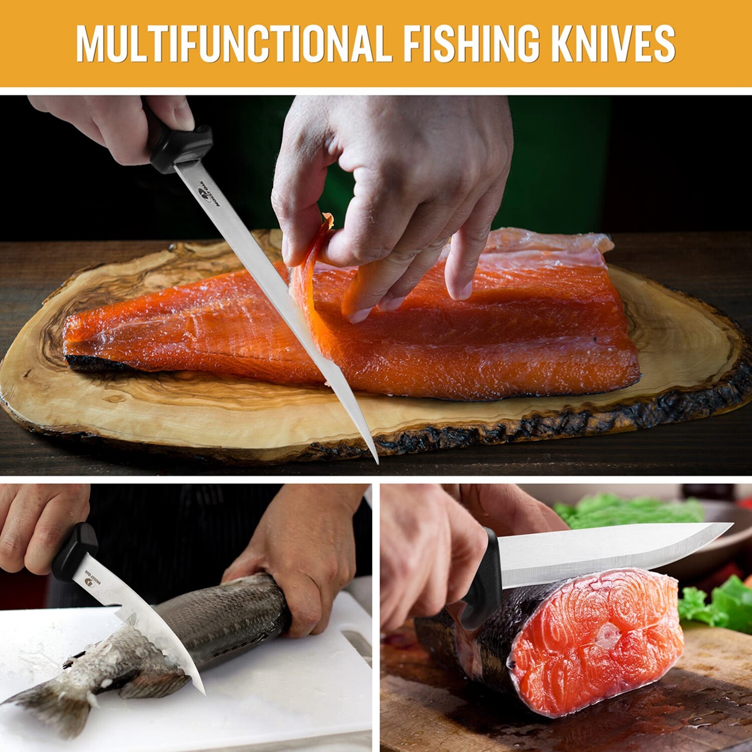 Mossy Oak 3PCS Stainless Steel Fishing Knife Sets Filet Knife Dual-Color Handles