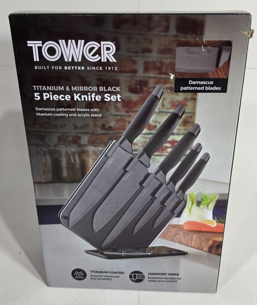 Brand New Tower 5 Piece Knife Set Titanium & Mirror Damascus Patterned Free S&H