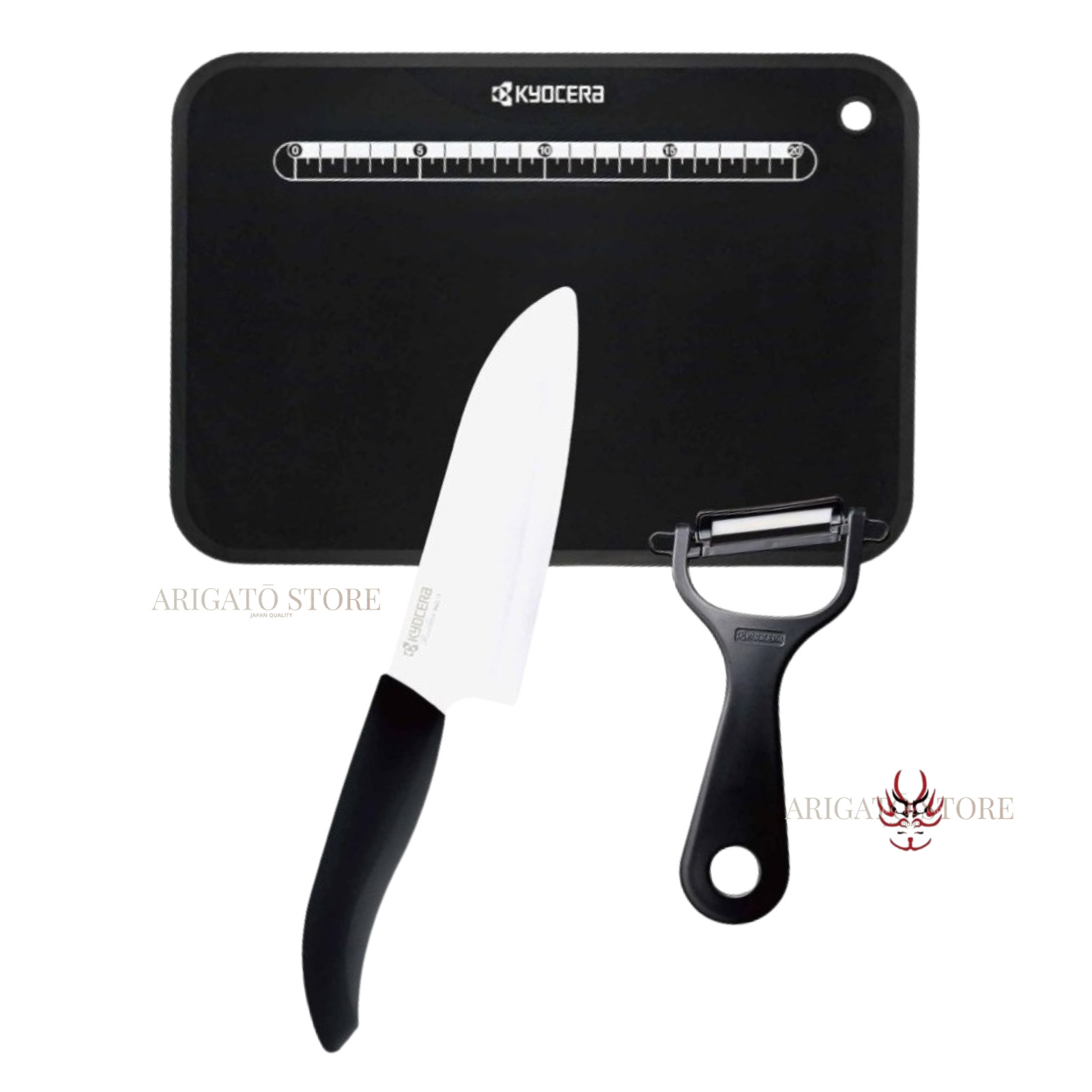 KYOCERA Ceramic Knife 3Pc Set Santoku 160mm Peeler Cutting Board Black New