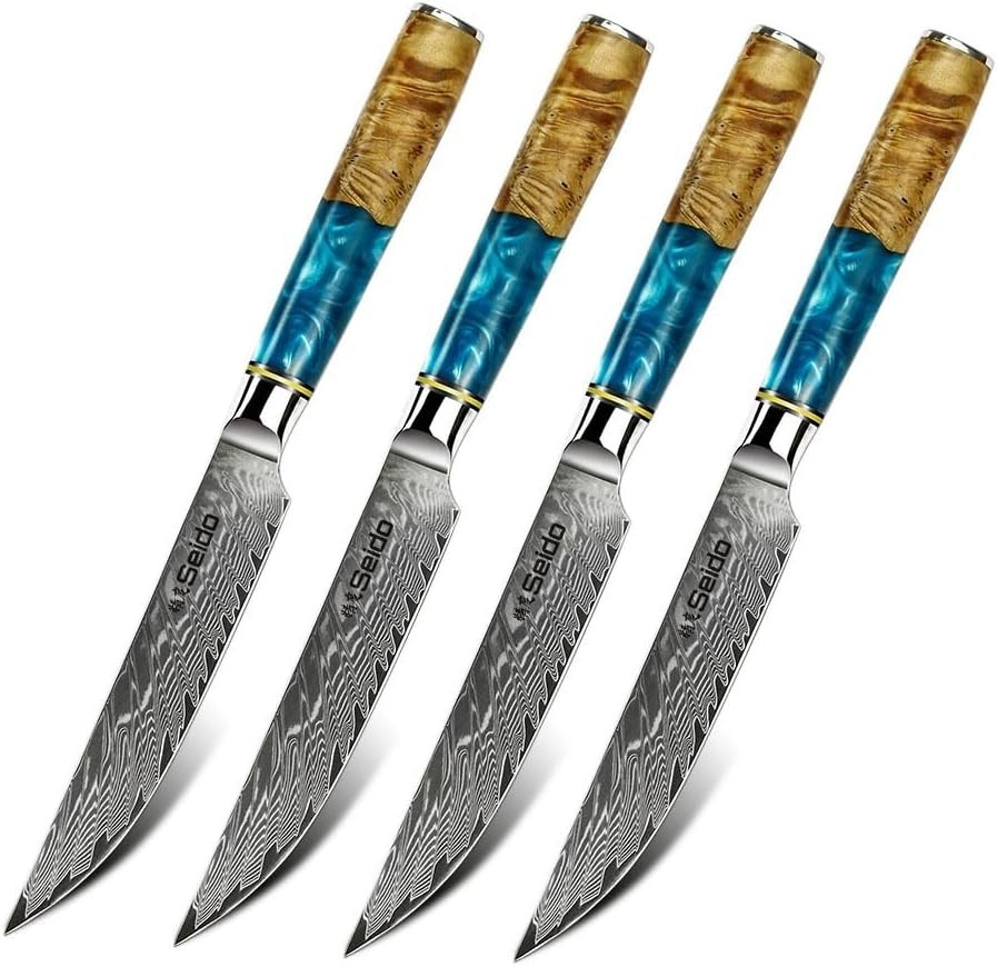 Seido Executive VG10 Damascus Steak Knife Set Resin Blue Wood 4pc – NIB