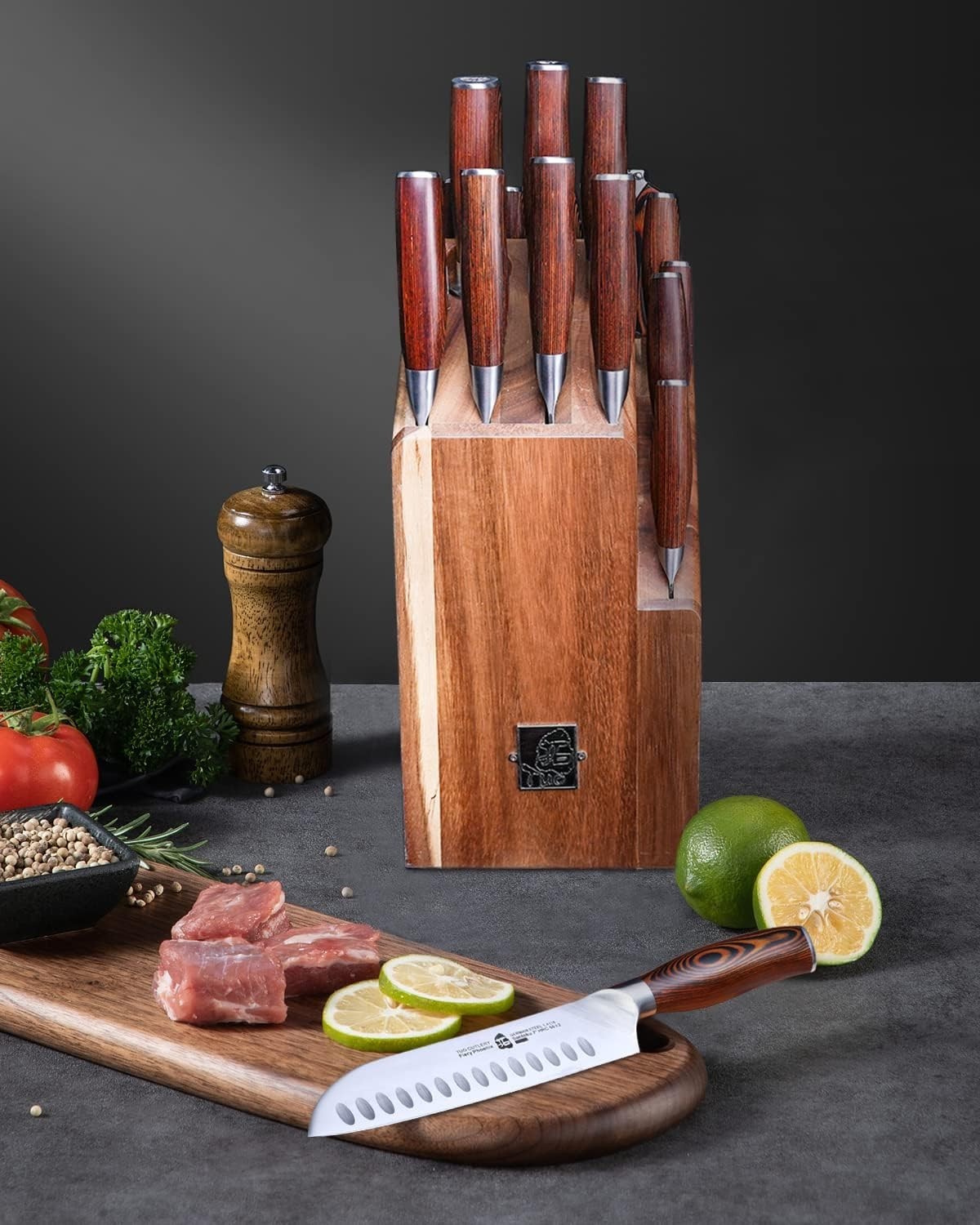 TUO 17 PCS German Stainless Knife Set – Block Holder, Chef & Steak Knives
