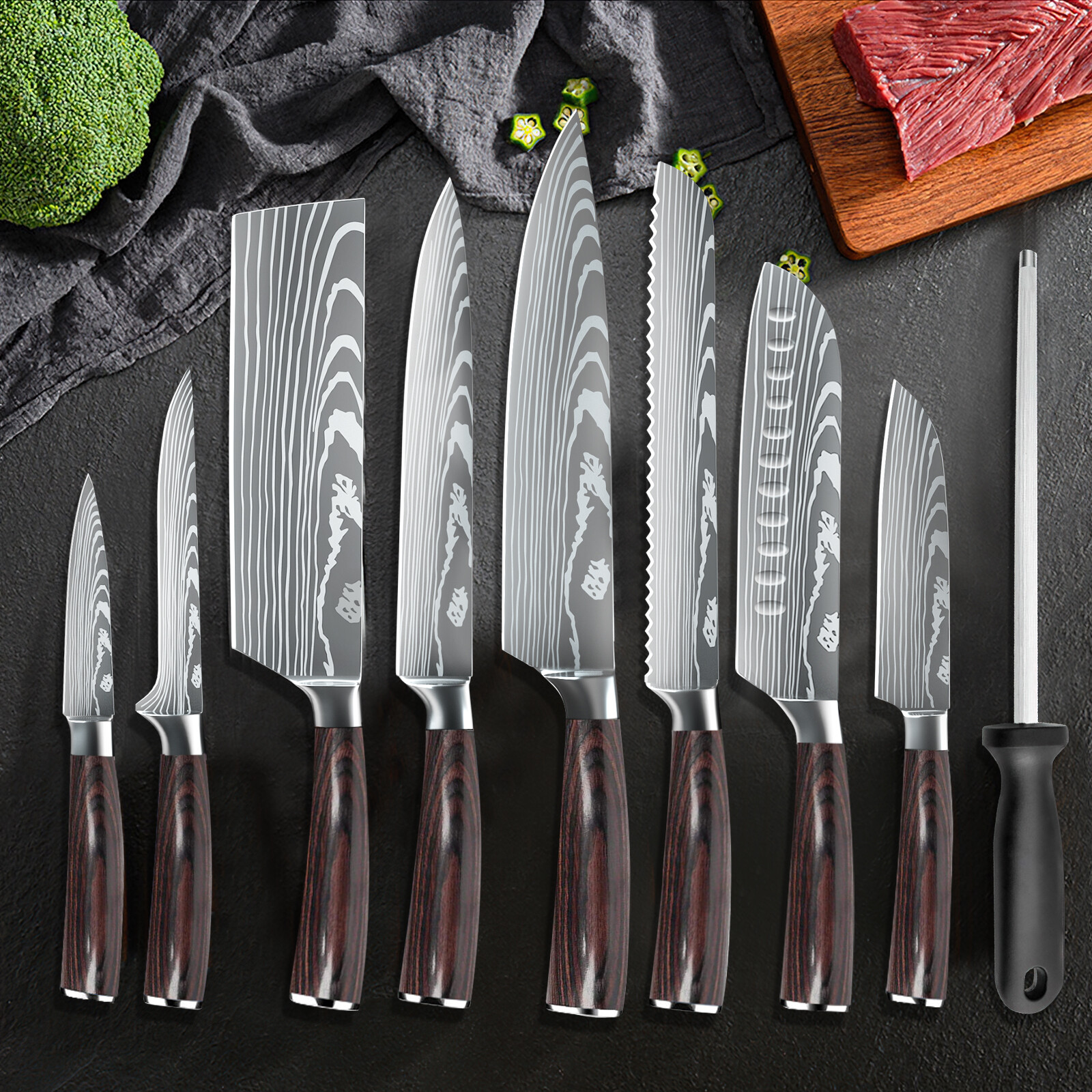8PCS Kitchen Knives Set Damascus Style Stainless Steel Chef’s Knife Professional