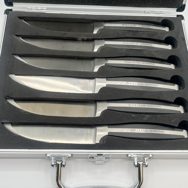 Williams-Sonoma 6 Piece Steak Knife Set with Aluminum Carrying Case Silver Black