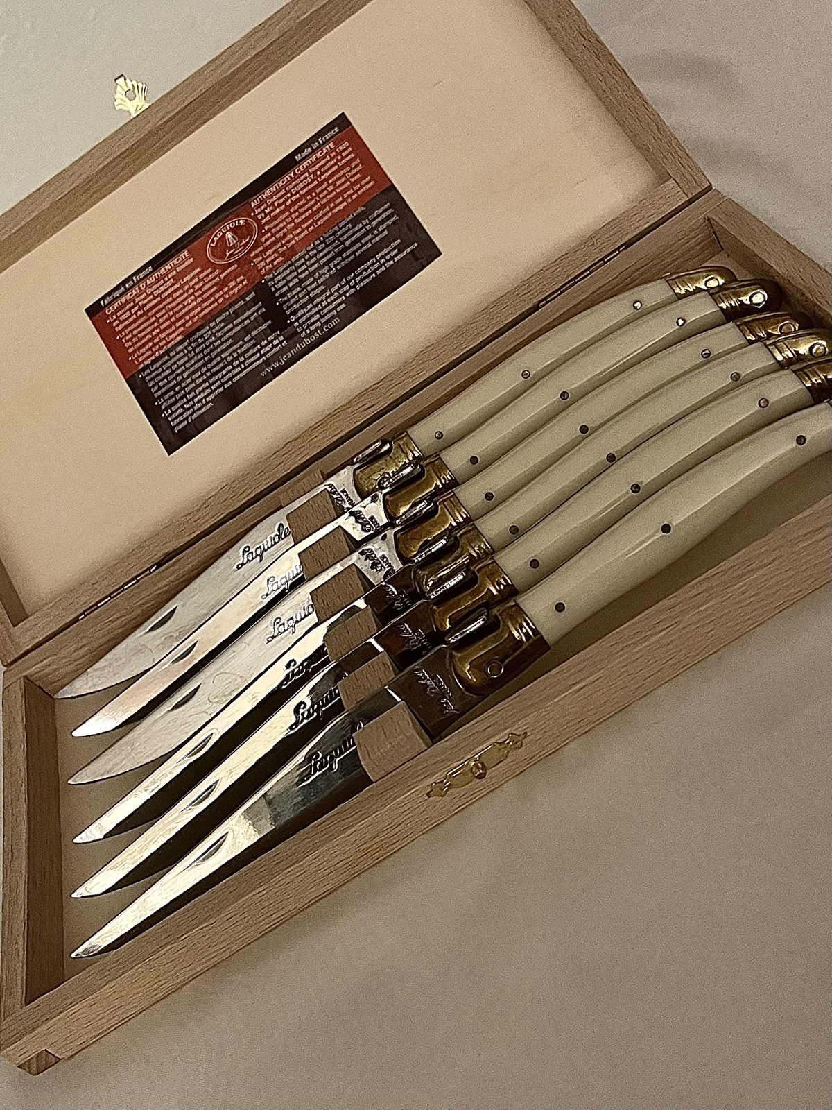 Laguoile 6-Piece Steak Knife Set Ivory Handles Stainless Steel Blades Wood Box