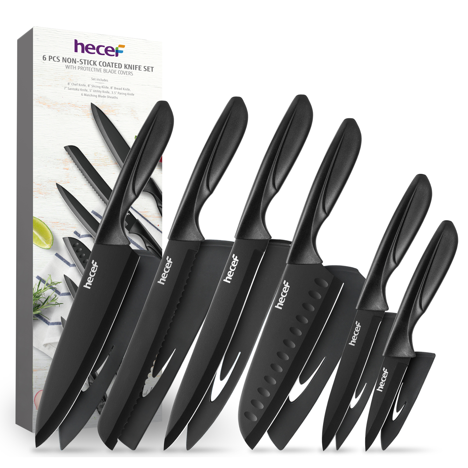 6pcs Kitchen Knife set Nonstick Stainless Steel Black coating Blade with cover