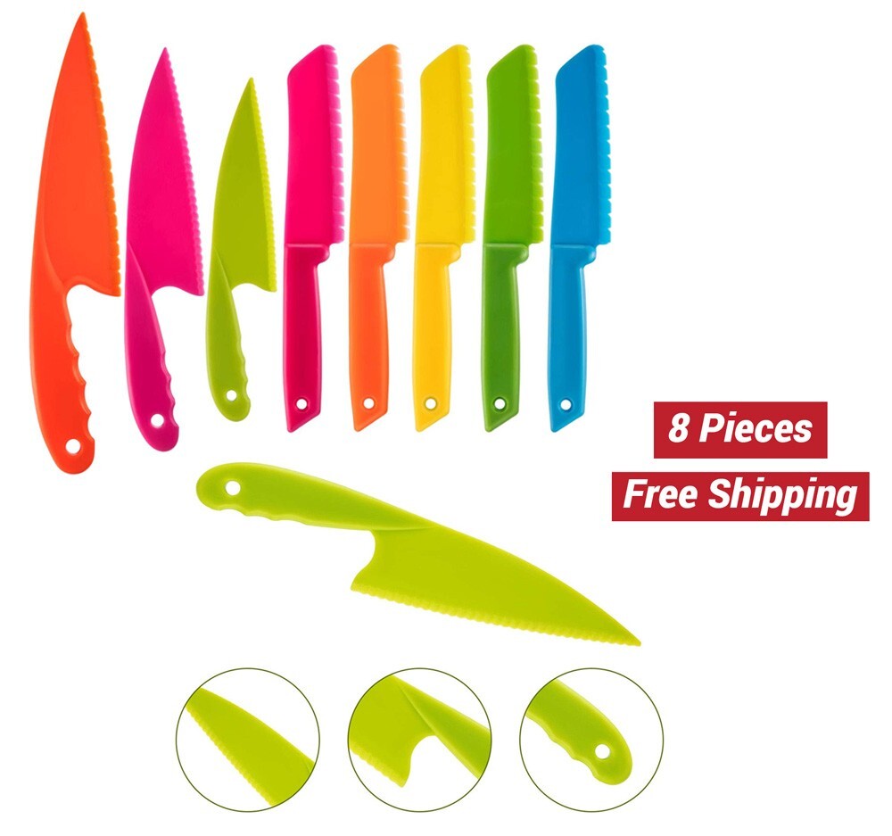 8PCS Kid Plastic Kitchen Knife Set Children’s Safe Cooking for Fruit Bread Cake