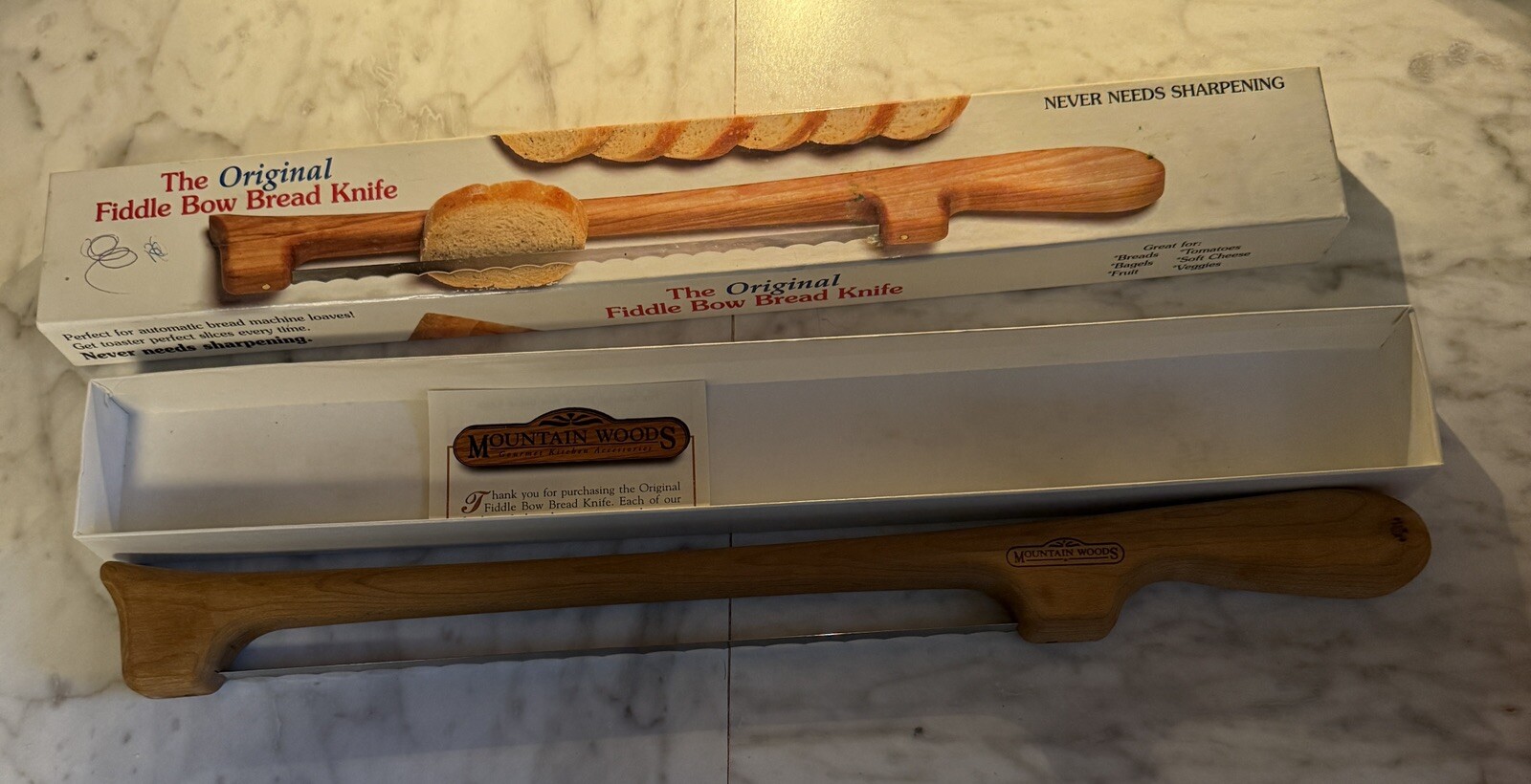 Mountain Woods The Original Fiddle Bow Bread Knife Cherry Wood Right Hand W/ Box