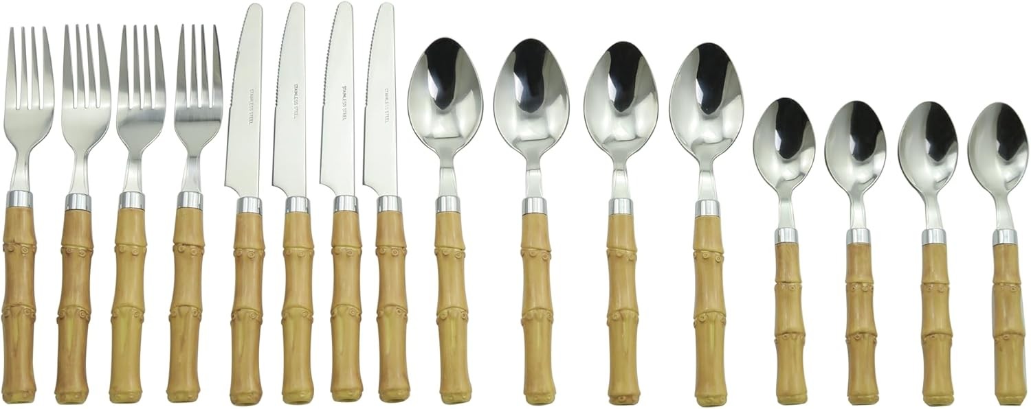 Bamboo Stainless Steel Cutlery Set with Naturalistic Bamboo Handles 16 Pieces