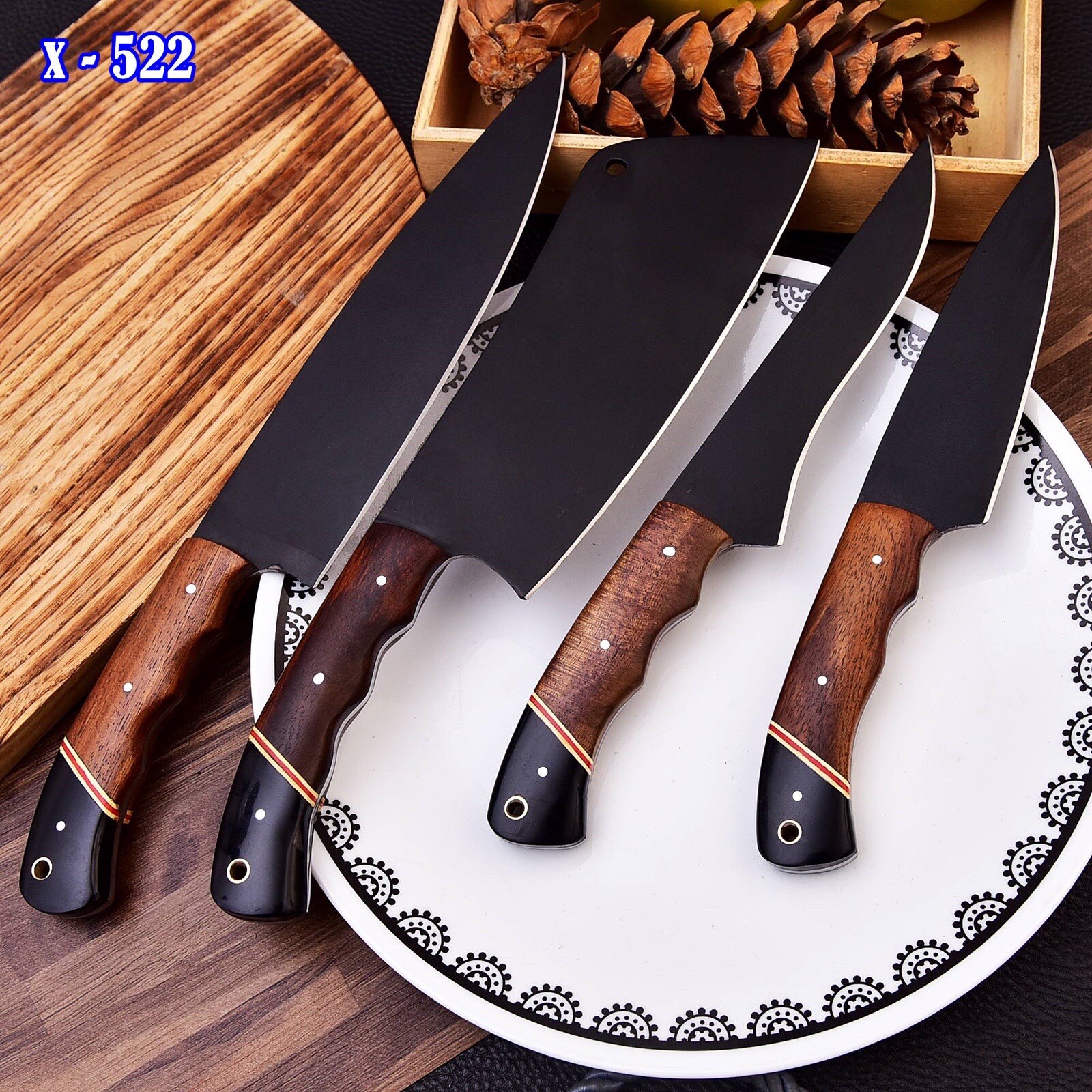 HANDMADE HAND FORGED 1095 STEEL KITCHEN KNIVES CHEF SET Wood & Bull Horn Handle