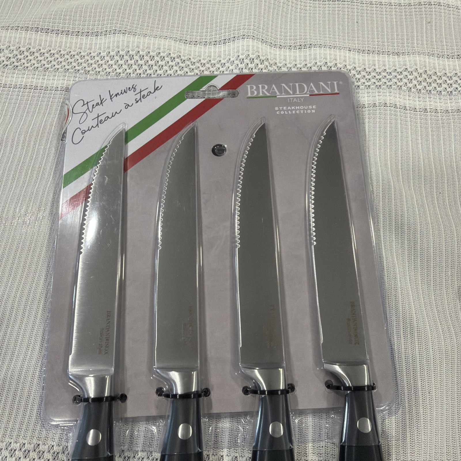 SET OF (4) AUTHENTIC BRANDANI BLACK HANDLE SERATED STEAK KNIFES Italy inox rare