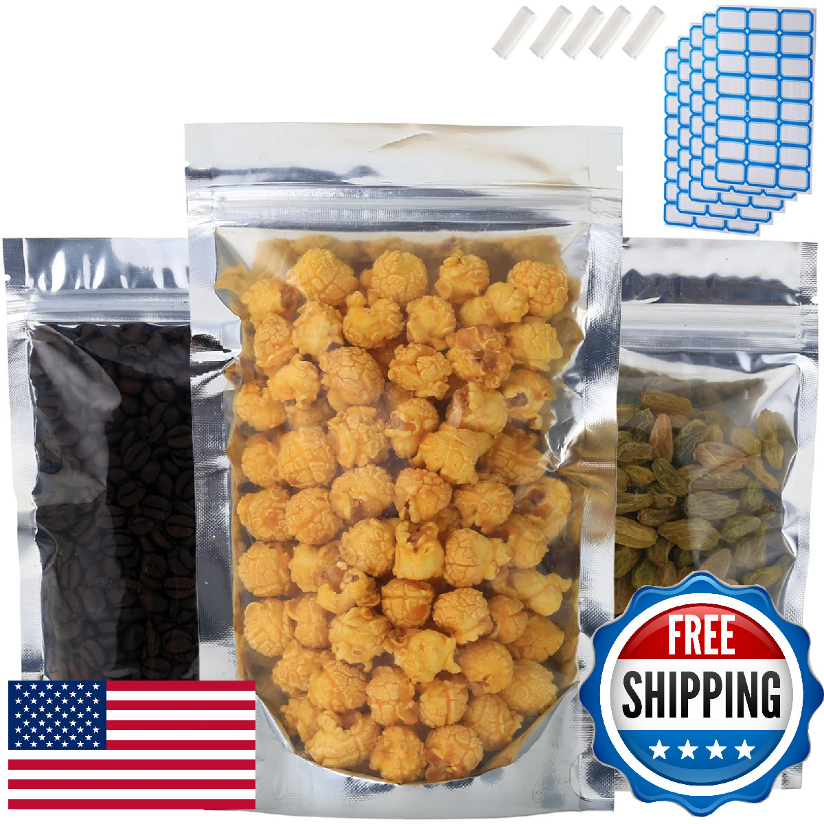 300-Pack Reclosable Mylar Food Storage Bags, 7.9″x11.8″ Stand Up Pouch