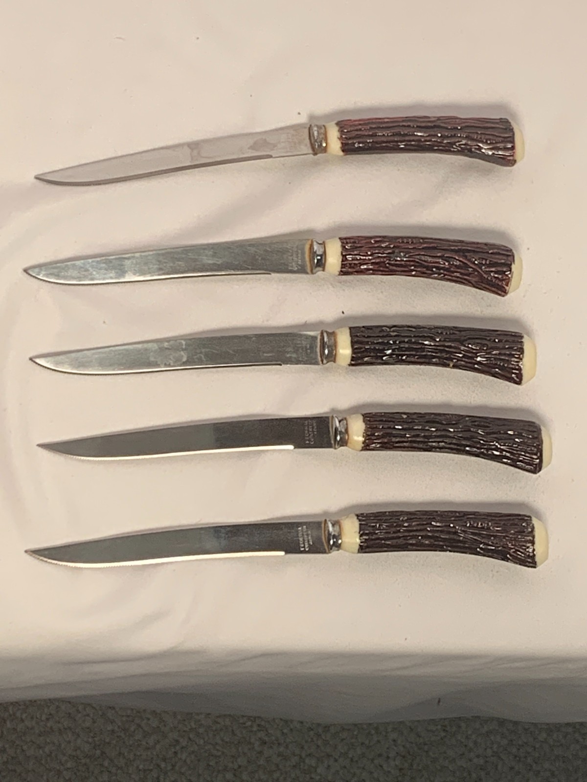 Set of 5 Vintage Stainless Steel Steak Knives Faux Antler Handles Japan 7.5”