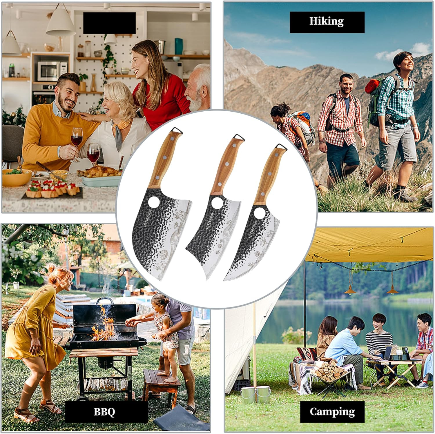 3PCS Butcher Knife, 7″ Meat Cleaver, 7″ Serbian Chef and 6.5″ Viking, Hand Forge