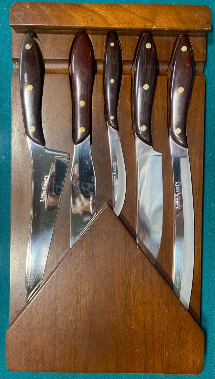 “RARE” BETTER THAN CUTCO “VITA CRAFT” 5 Piece KNIFE SET in SOLID WALNUT HOLDER