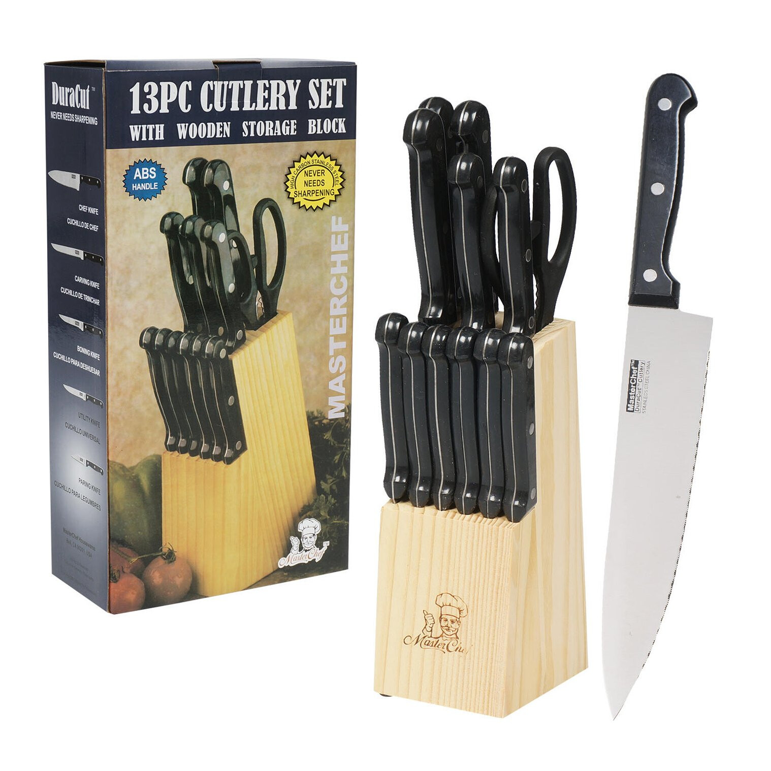 MasterChef 13-Piece Kitchen Knife Set w Wooden Storage Block Stainless Steel