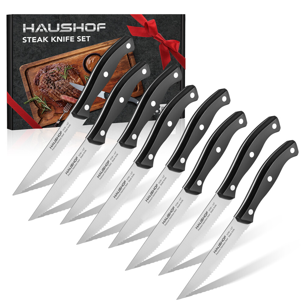 HAUSHOF 8PCS 9″ Steak Knives Set Serrated Full Tang Blade Stainless Steel Knives