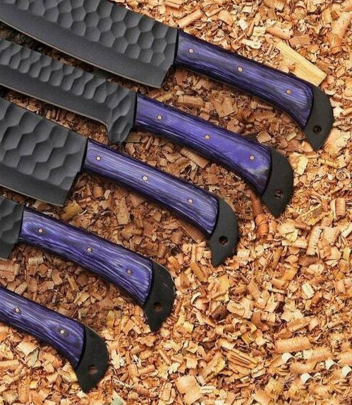 Handmade 5Pcs Kitchen Chef Knife Set Blue Handle Custom Steel Cleaver Sheath
