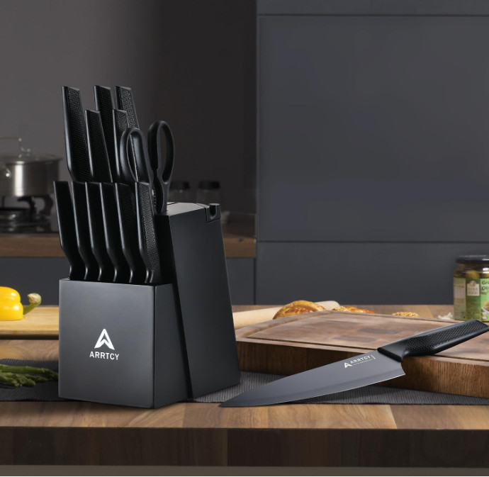 Juego cuchillos 15 piezas con bloque acero alto carbono afilador apto lavavajill