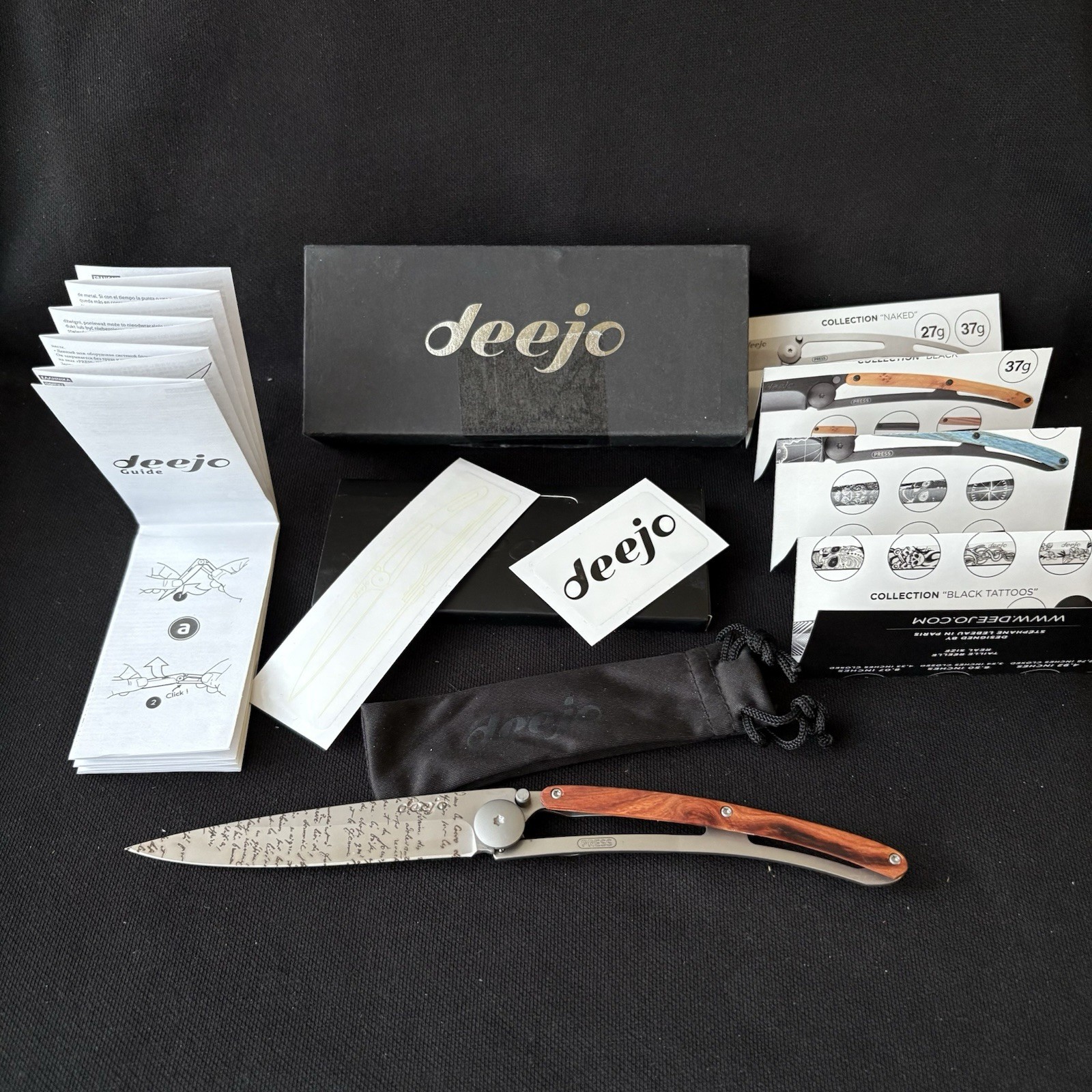 DEEJO 37G ULTRA-LIGHT KNIFE, MANUSCRIPT, TITANIUM FINISH, MINT-DISCONTINUED