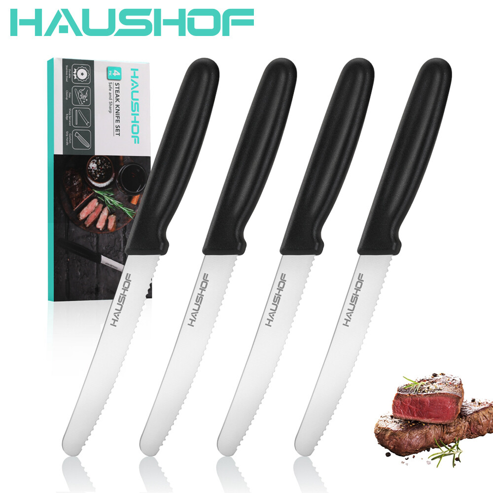 HAUSHOF Steak Knives Set 4PC Premium Stainless Steel Sharp Serrated Steak Knives
