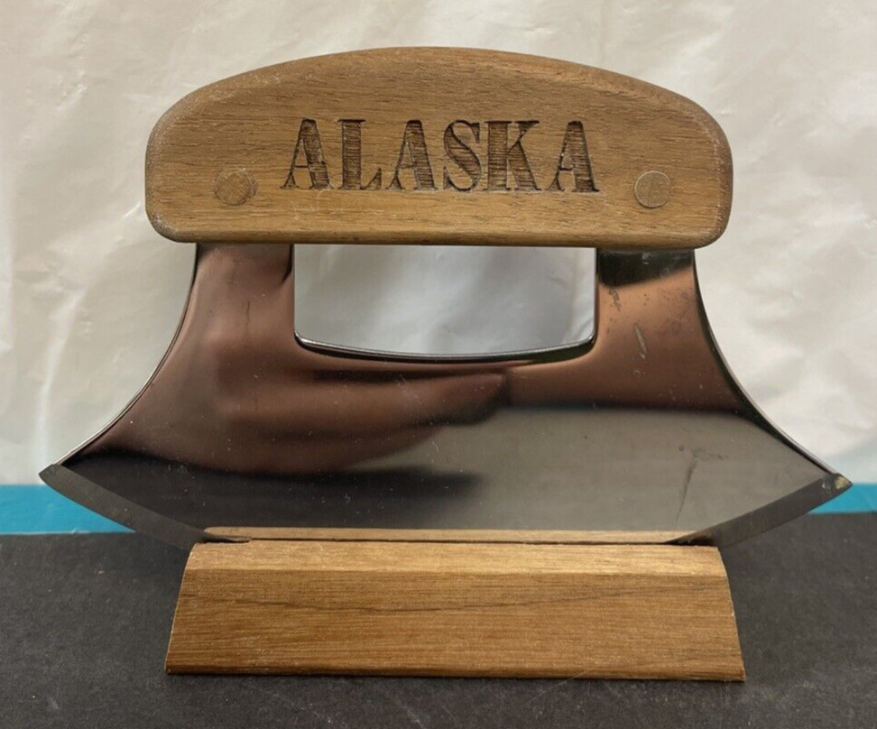 Alaska Ulu Knife W/ Stand fixed Blade Polished Steel Meat, Pizza Or Salad Cutter