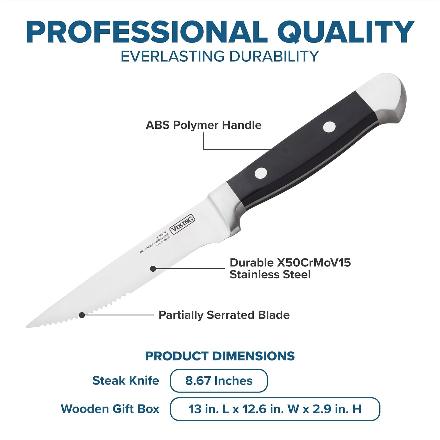 Steak Knife Set 8 Piece Stainless Steel Knives with ABS Polymer Handles and