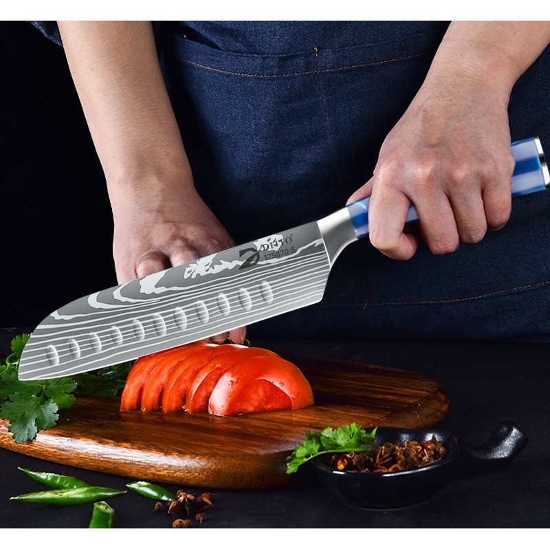 8Pcs Kitchen Knife Set Professional Damascus Pattern Chef Knives With Bag Blue