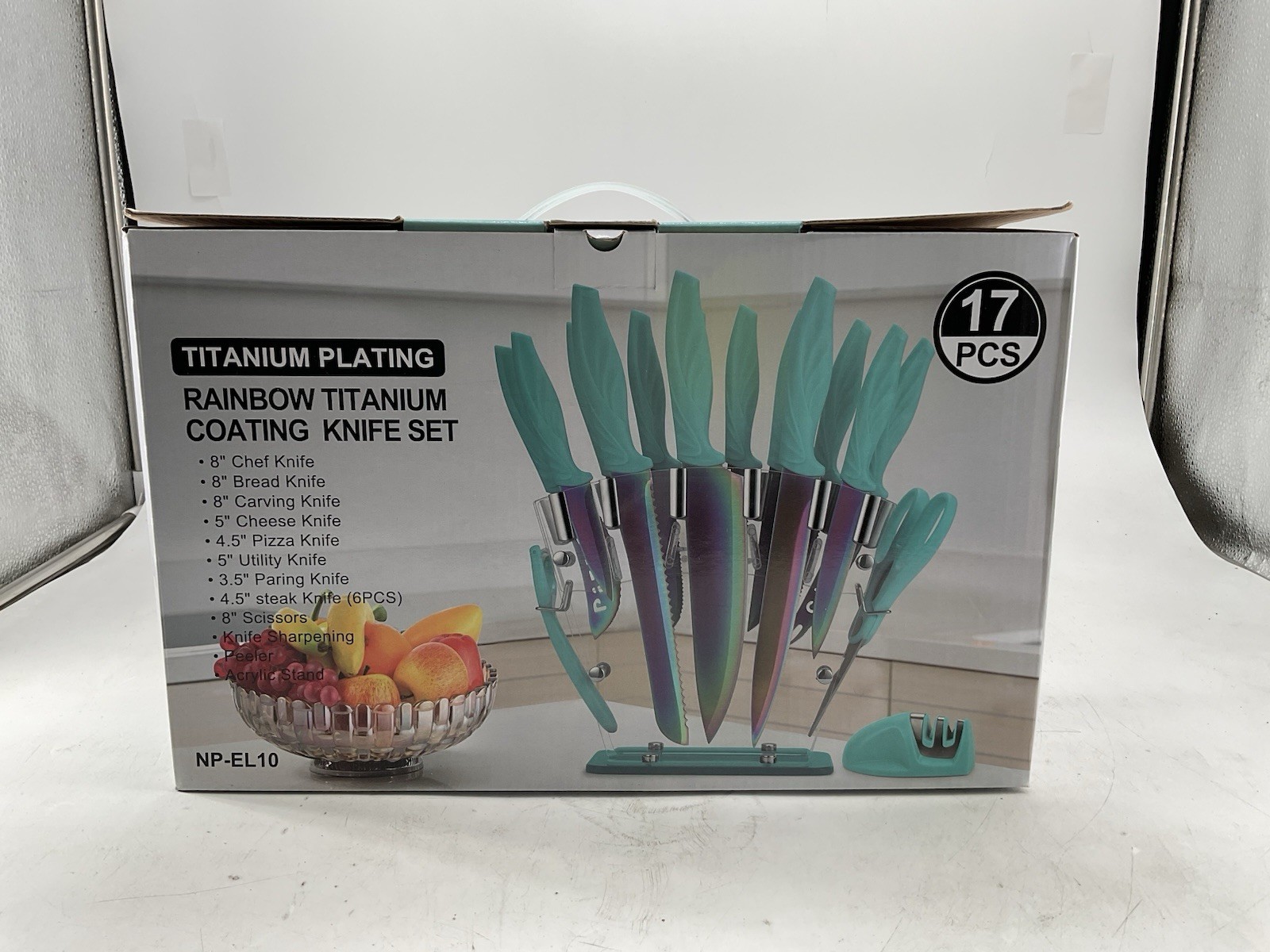 Rainbow Titanium, 17 Piece Kitchen Knives set with Acrylic Stand, Rainbow (A365)
