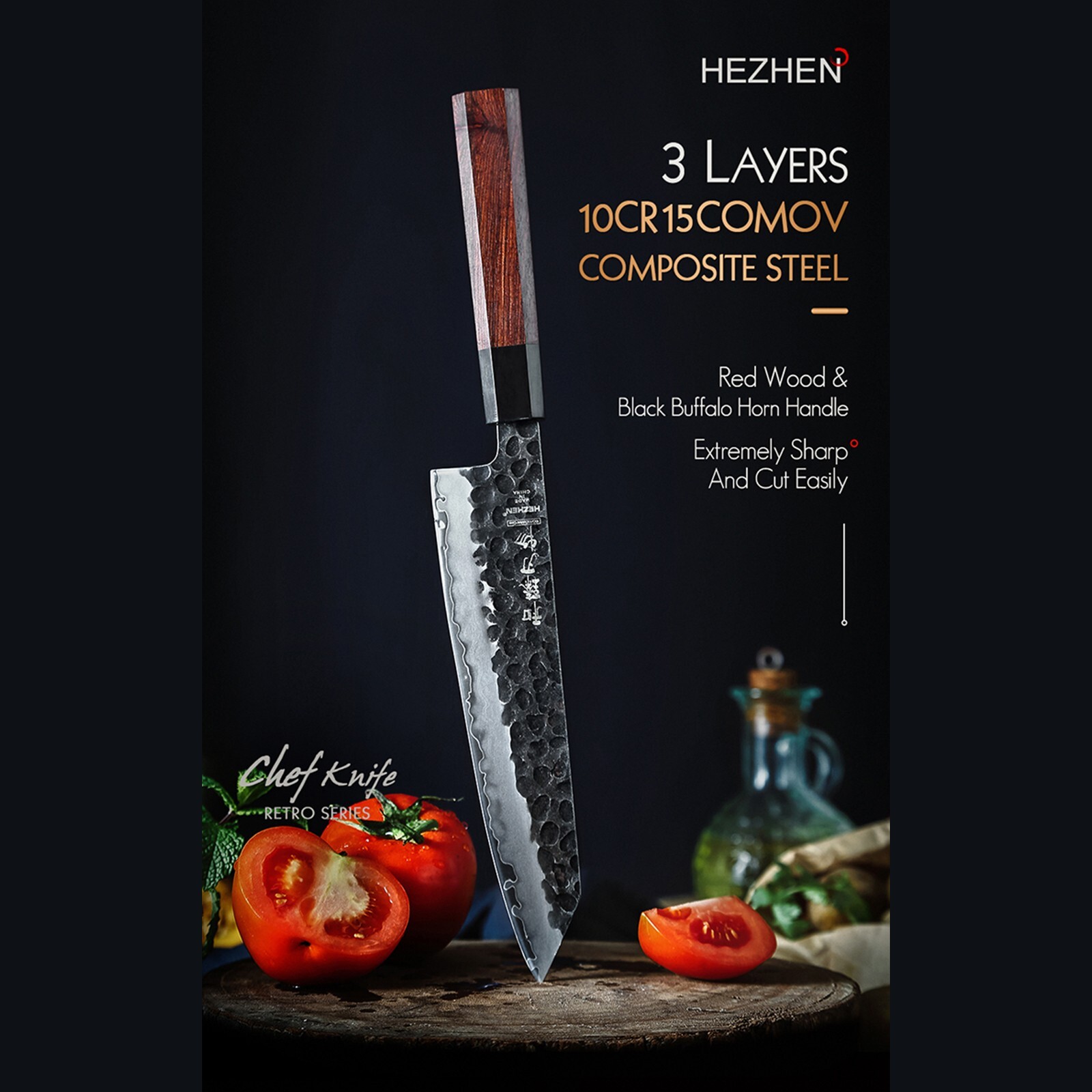 HEZHEN PM8S Damascus Forged Chef Knife 3-Layer Composite Steel Stainless Steel