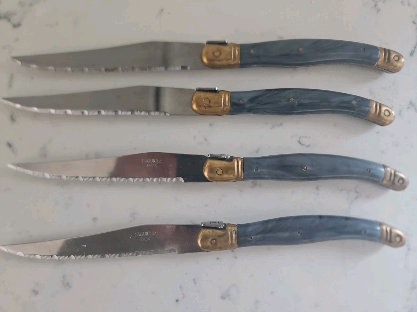 4 Vintage Laguiole INOX Knives French Stainless Blue HANDLE 9 Inch