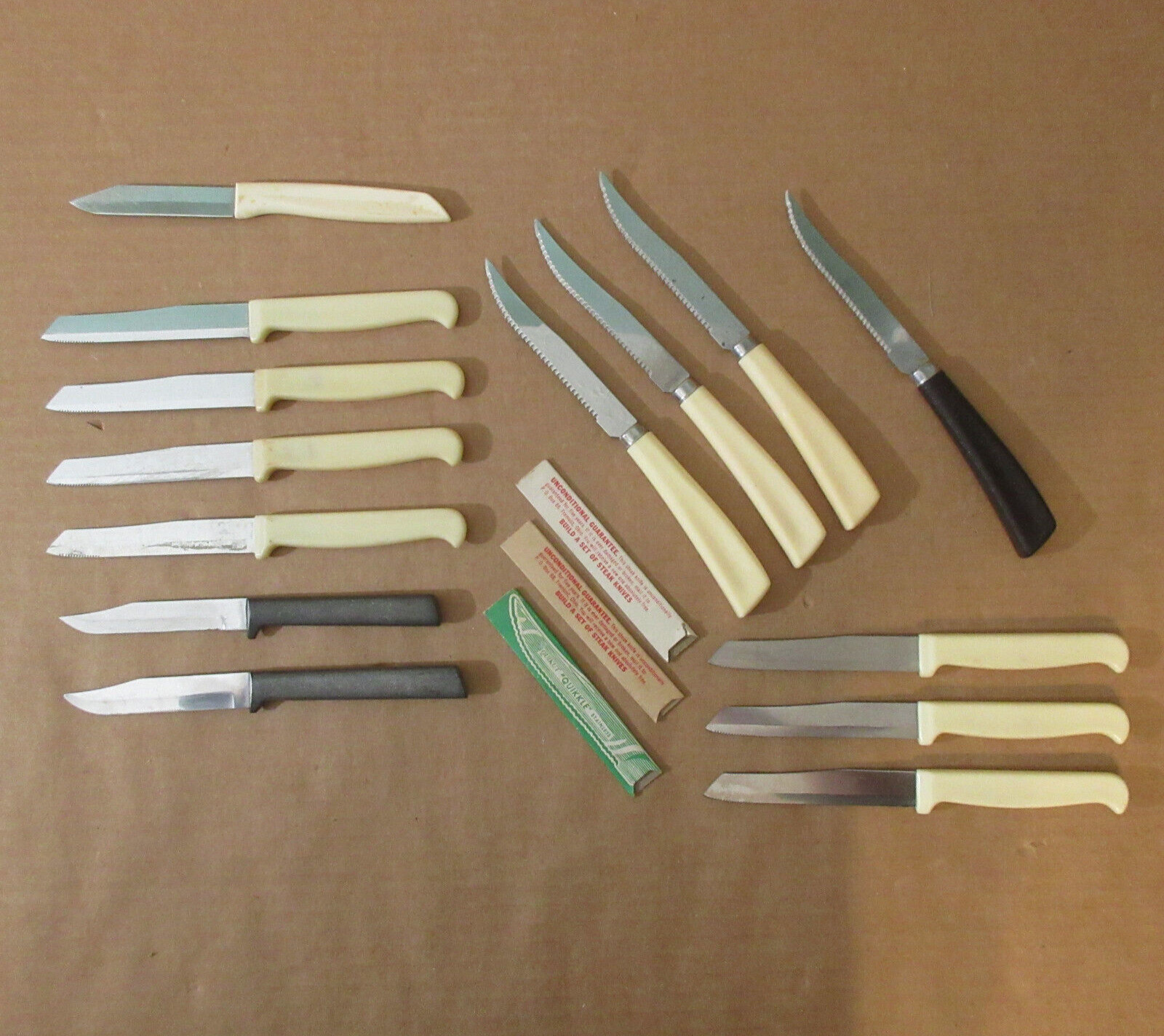 Vtg lot 14 Quikut + Unmarked Ivory Cream Steak Knife Set USA Stainless Steel