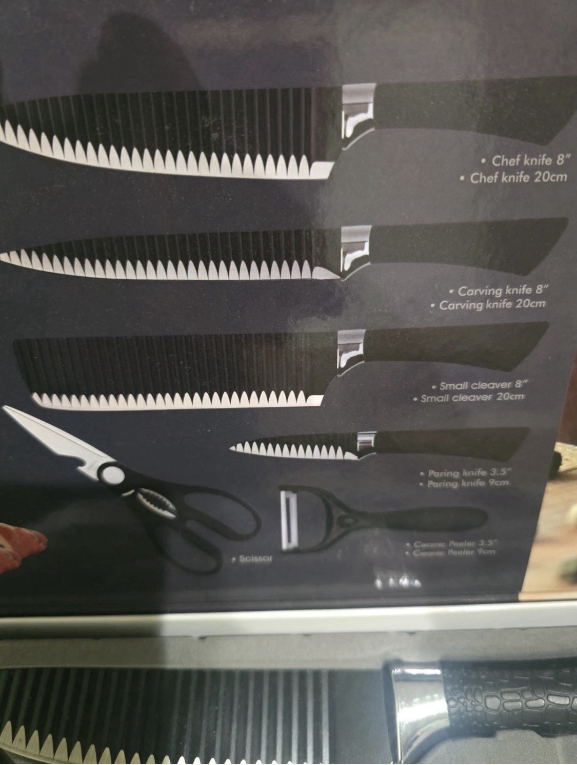 HENVO 6pc Stainless Steel Serrated Knife Set w/ Scissors Black ER-0238A