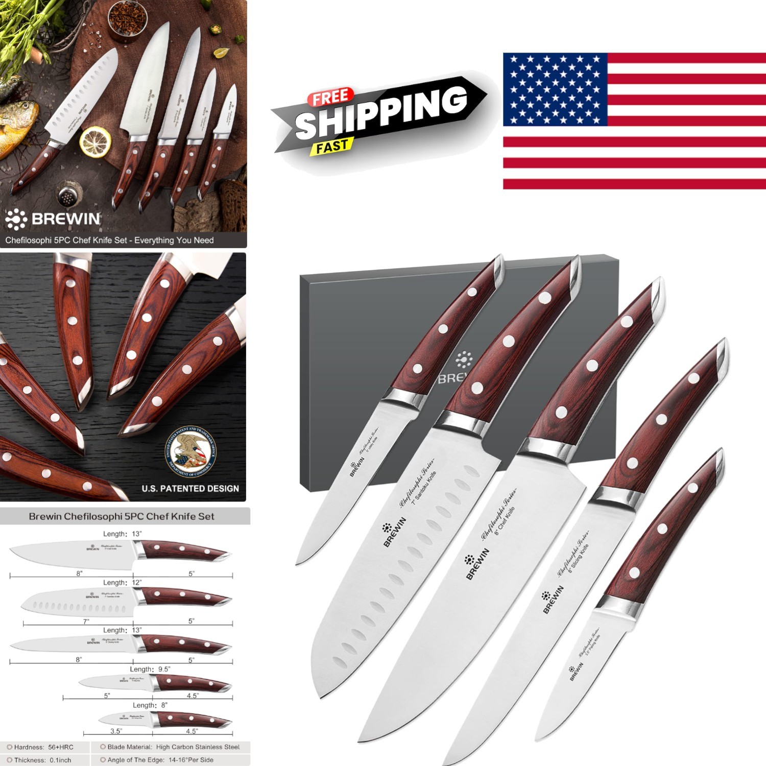 Professional Ultra Sharp Kitchen Knives Set High Carbon Stainless Steel 5 Pieces
