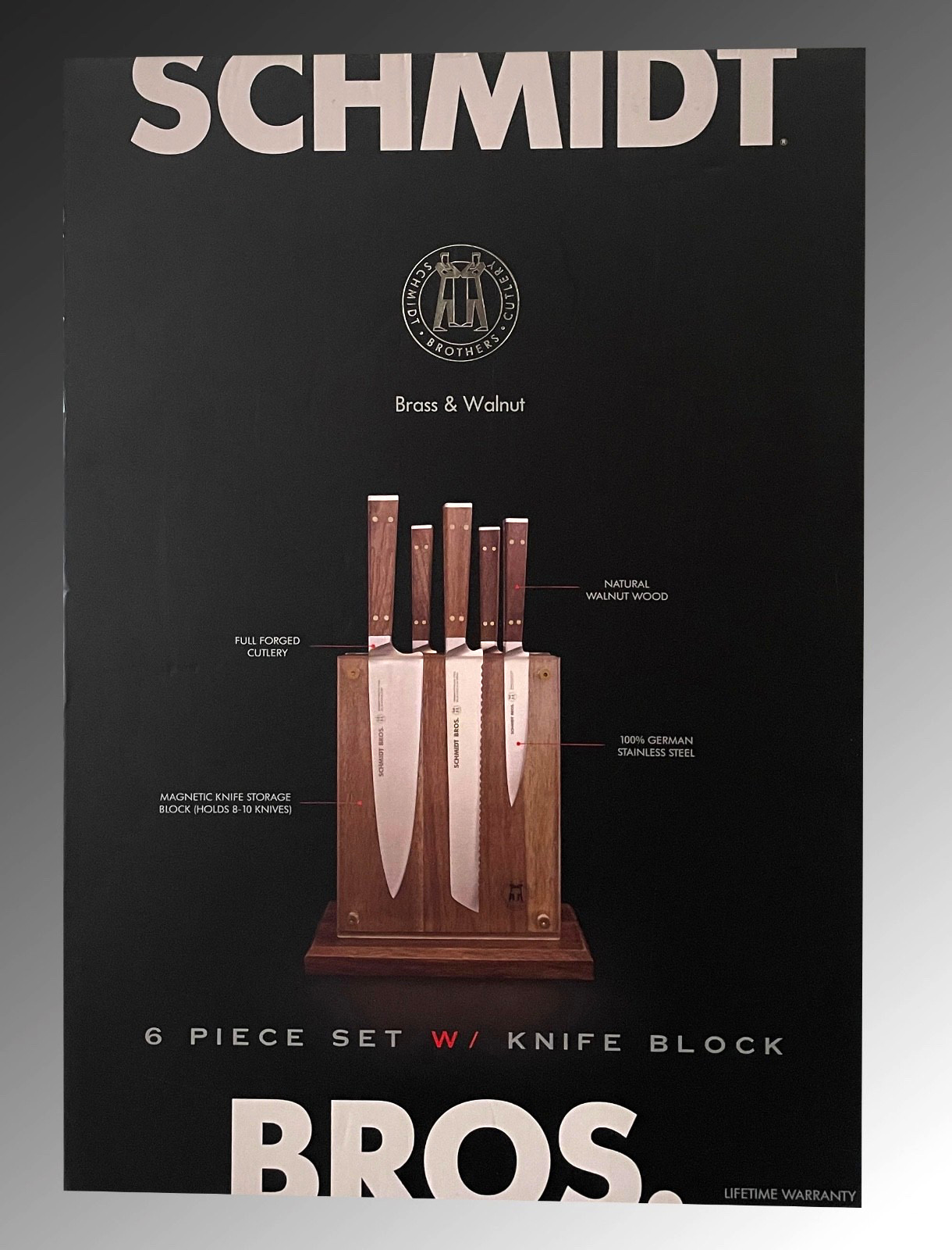 Schmidt Brothers Cutlery Brass & Walnut, 6-Piece Knife Block Set
