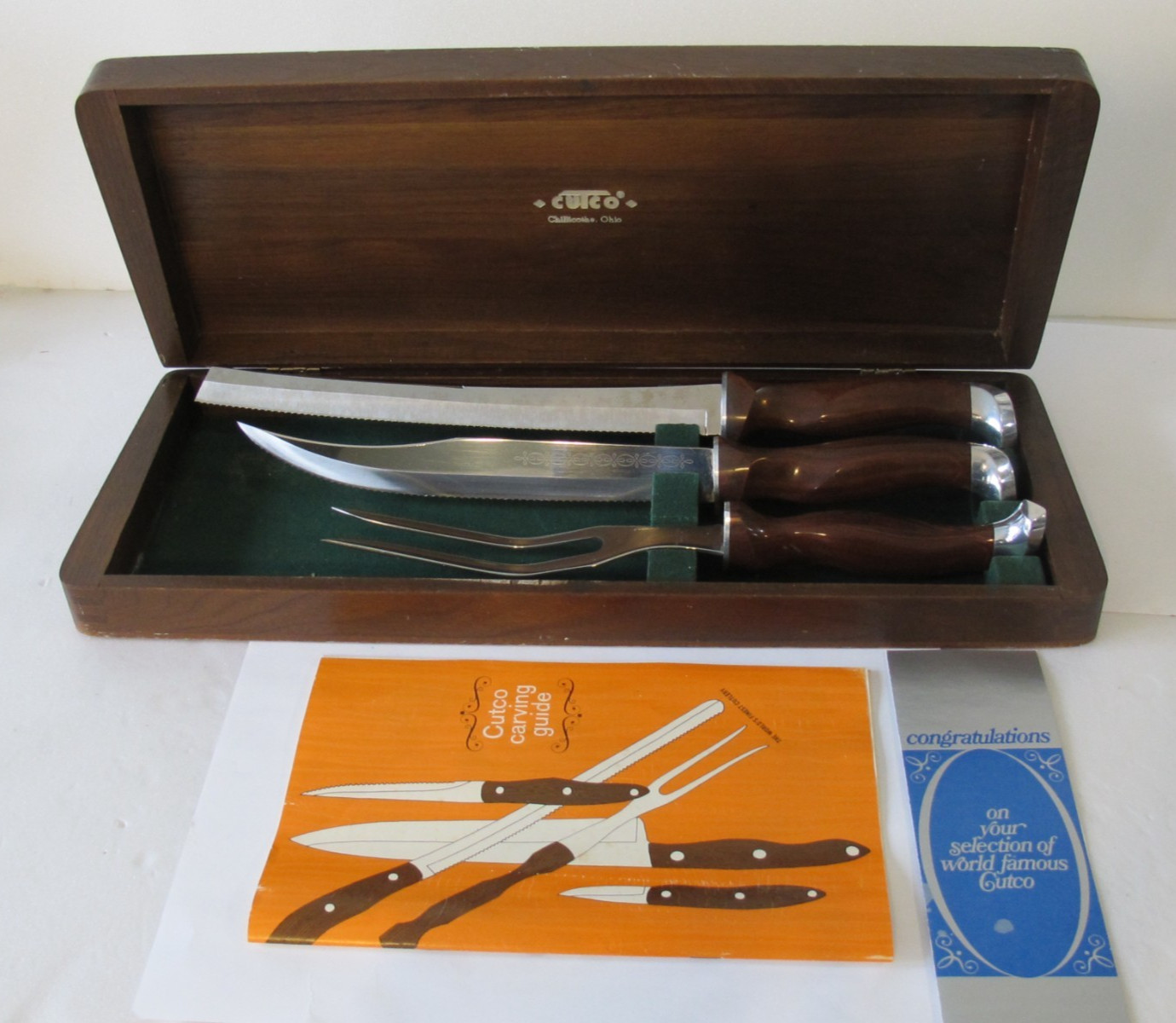 MCM Vintage CUTCO 3 Pc CARVING SET Wood PRESENTATION Case 1011E 1012E 1013E