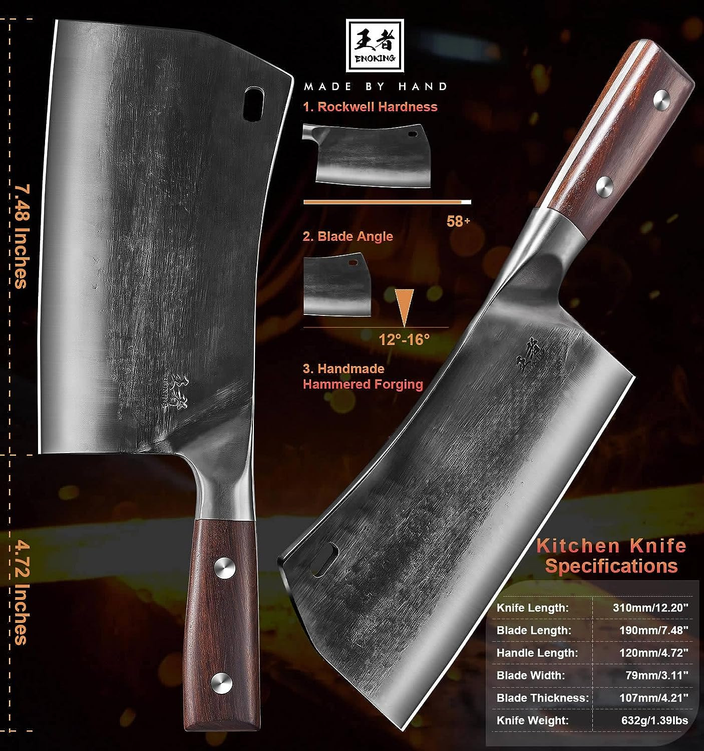 ENOKING 7.5″ Cleaver Knife, Chef’S Knives – Hand Forged, German High Carbon Stai