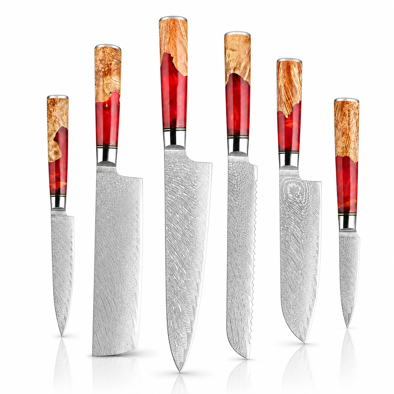 6-Piece Damascus Knife Set 67-Layer VG10 Japanese Kitchen Knives Red Resin