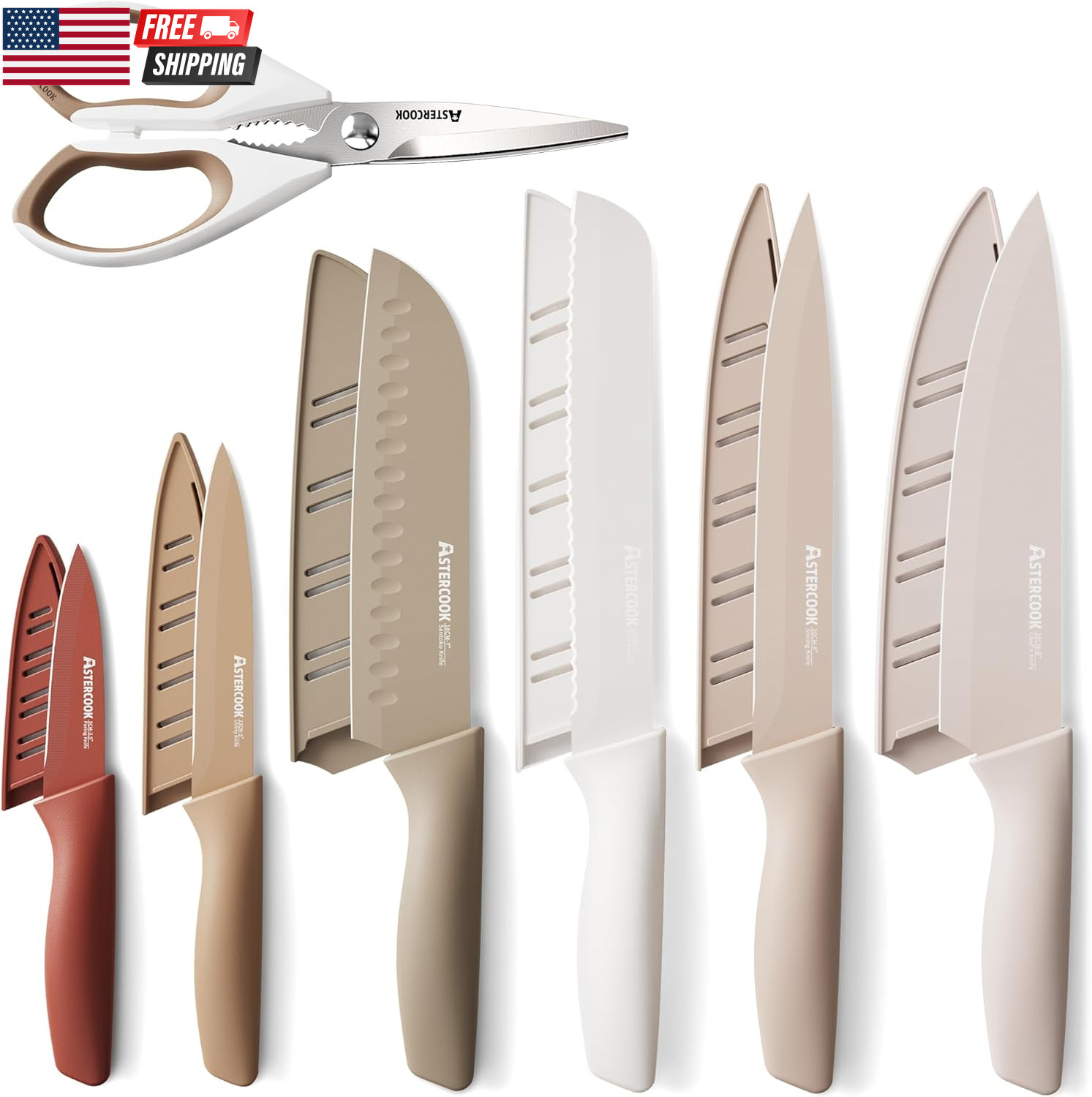 Knife Set, 13 Pieces Kitchen Knives Set with Healthy Anti-Rust Coating, Dishwash
