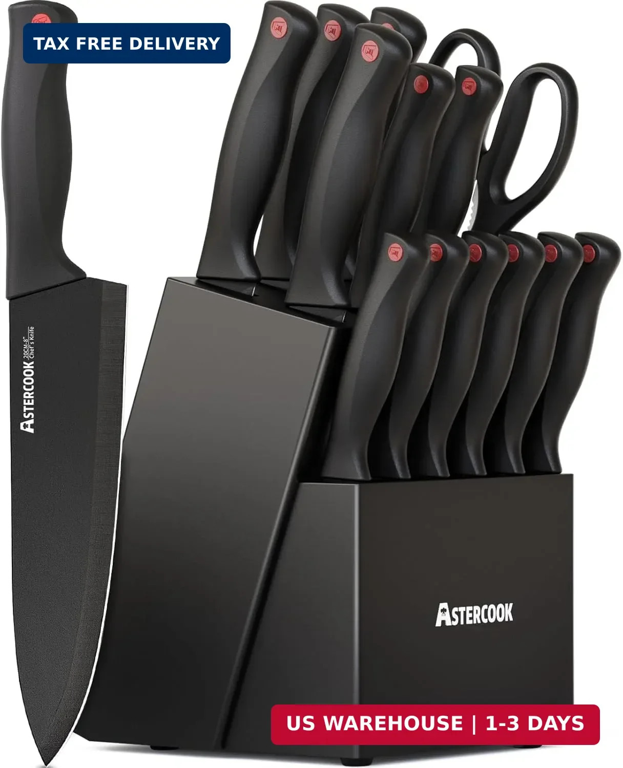 Knife Set, Astercook 15 Pieces Knife Sets for Kitchen with Block, Dishwasher Saf