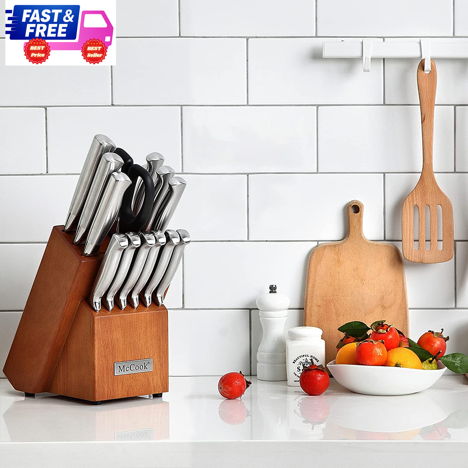Kitchen Knife Set German Stainless Steel w/ Block & Built-In Sharpener