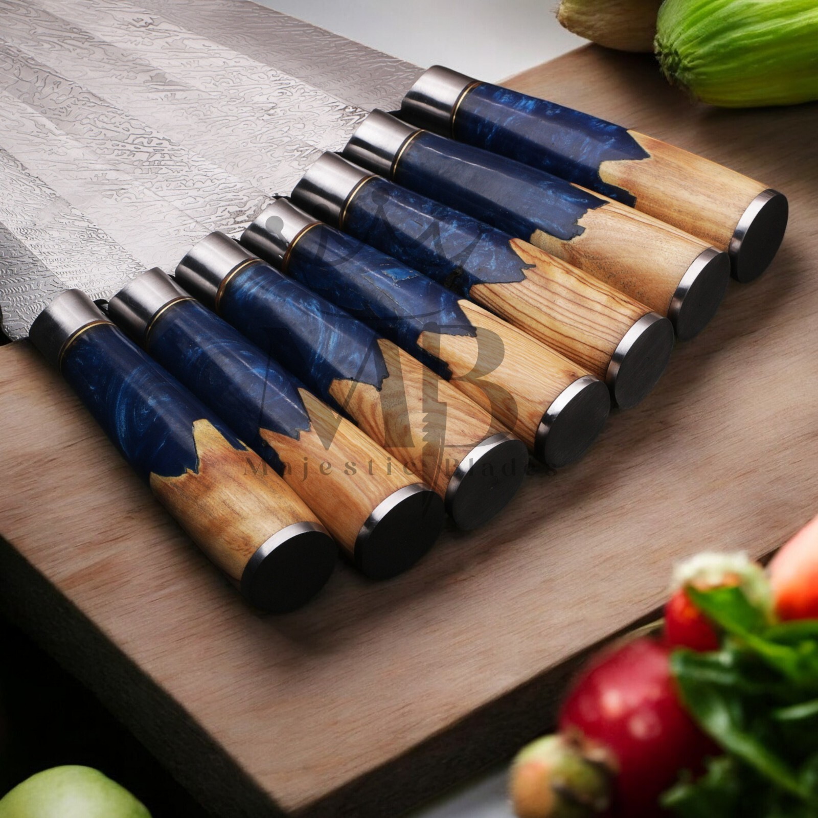 STUNNING 7PCS DAMASCUS STEEL KNIFE SET WITH BLUE RESIN BURL WOOD HANDLE