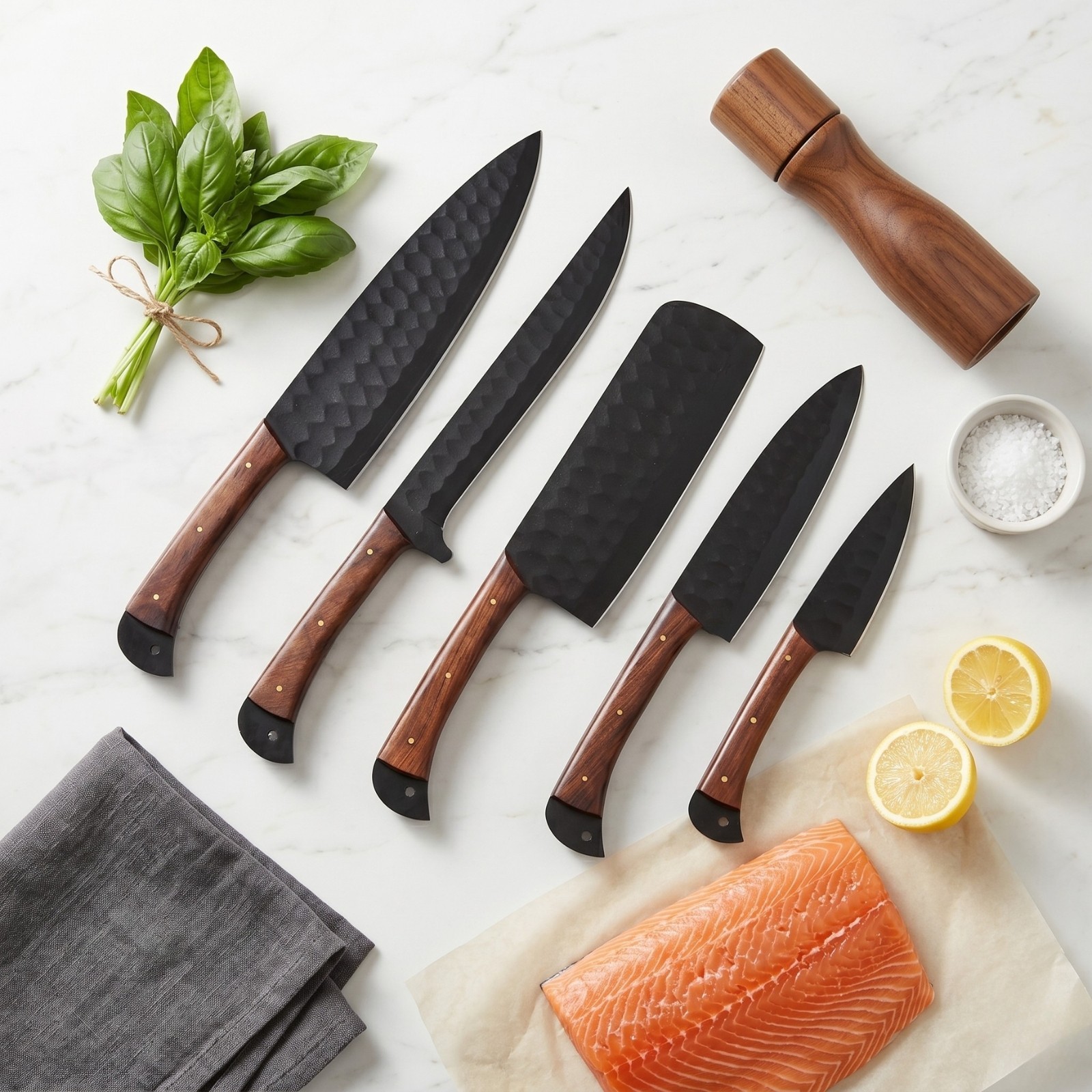 Hand Forged Carbon Steel Chef Knife Set 5Pc BBQ Kitchen Cleaver With Knife Roll