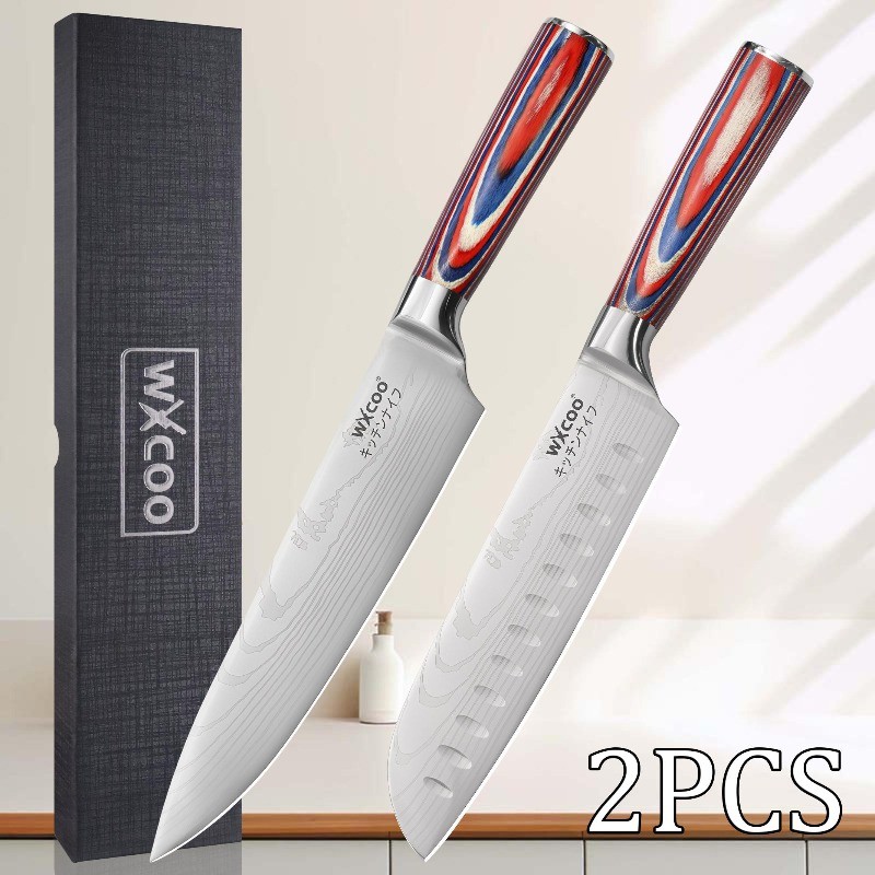 2PCS Stainless Steel Santoku Utility Paring Chef Boning Cooking Knife Set