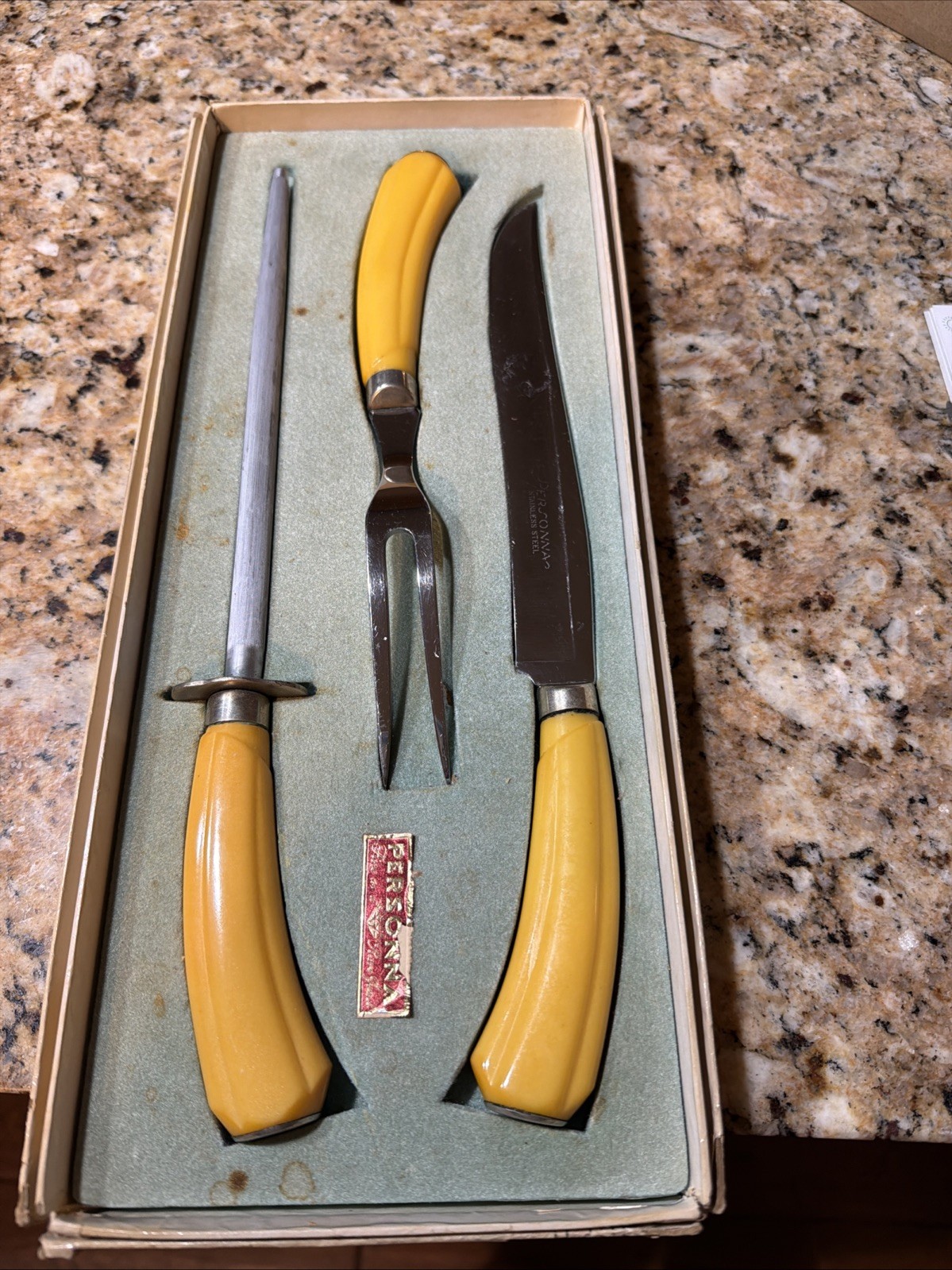 Vintage Personna Carving Set W/ BAKELITE Handles Knife/Fork & Sharpener In Box