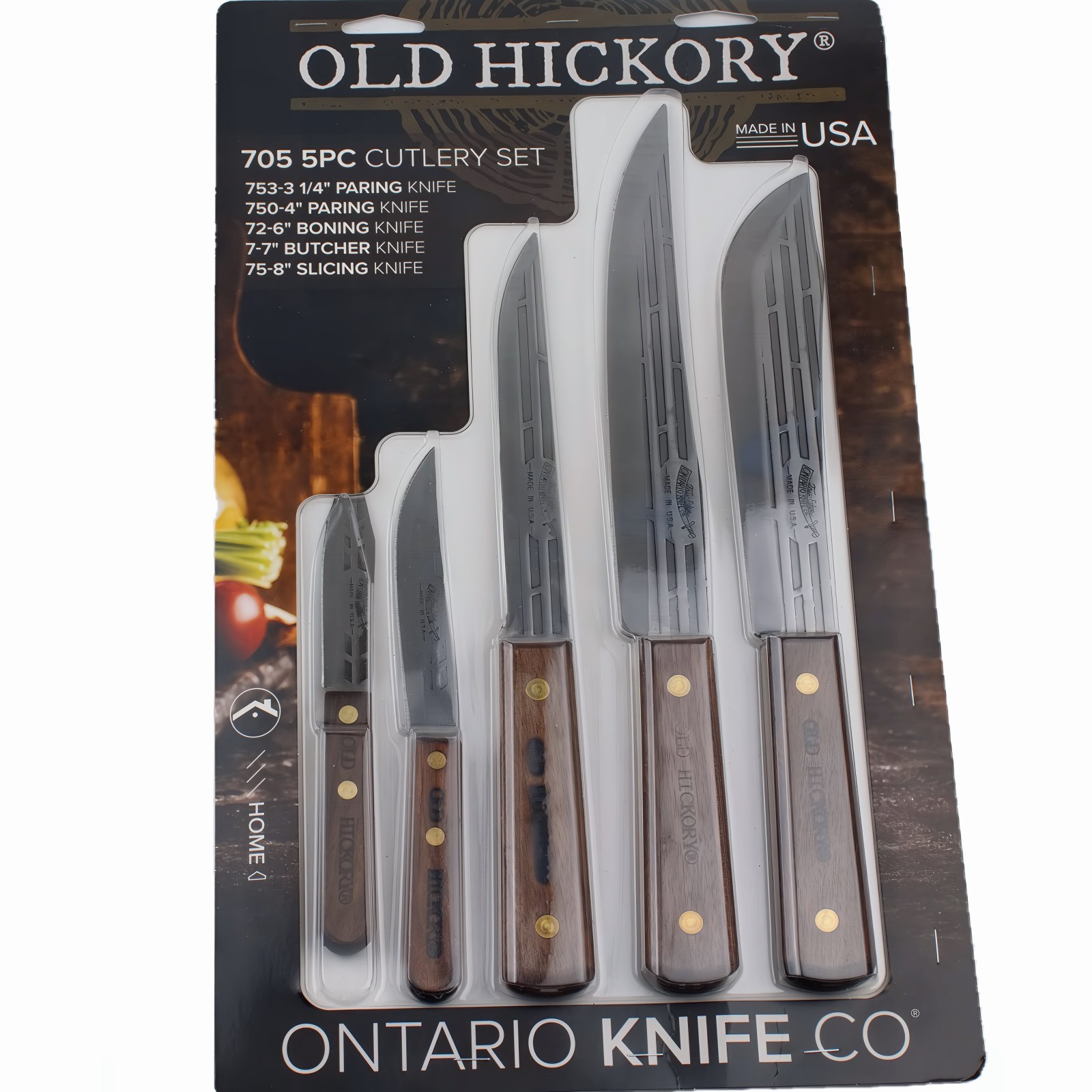 Old Hickory Kitchen 5 Knife Set Carbon Steel Brown Wood Butcher Boning Paring