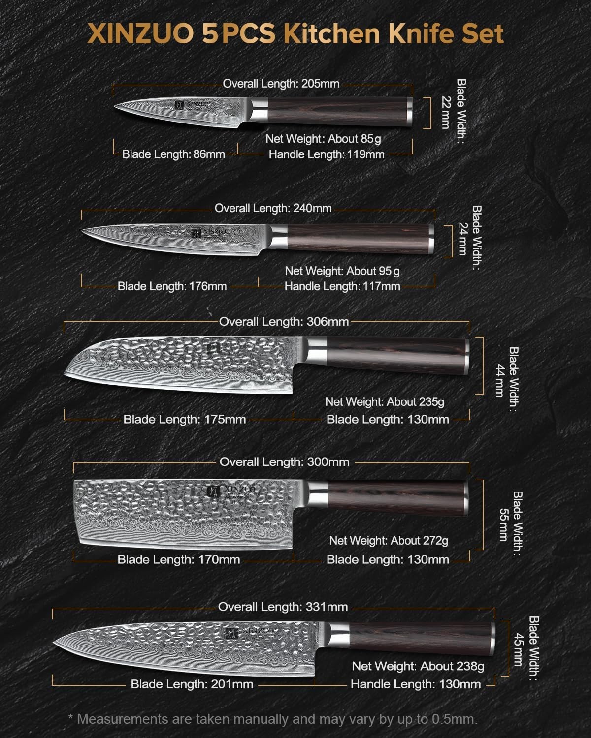 XINZUO Kitchen Cutting Knife Set of 5 Hammered Damascus 67 Layer Blade Gift Box