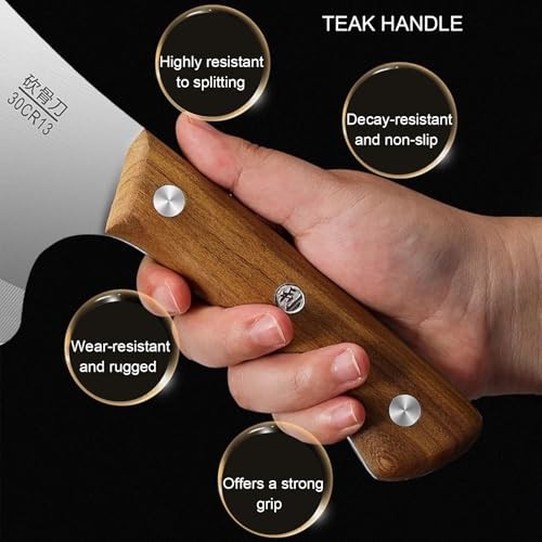 Heavy Duty Meat Cleaver Knife, 6″ High Carbon Steel Butcher Axe, Full Tang Teak