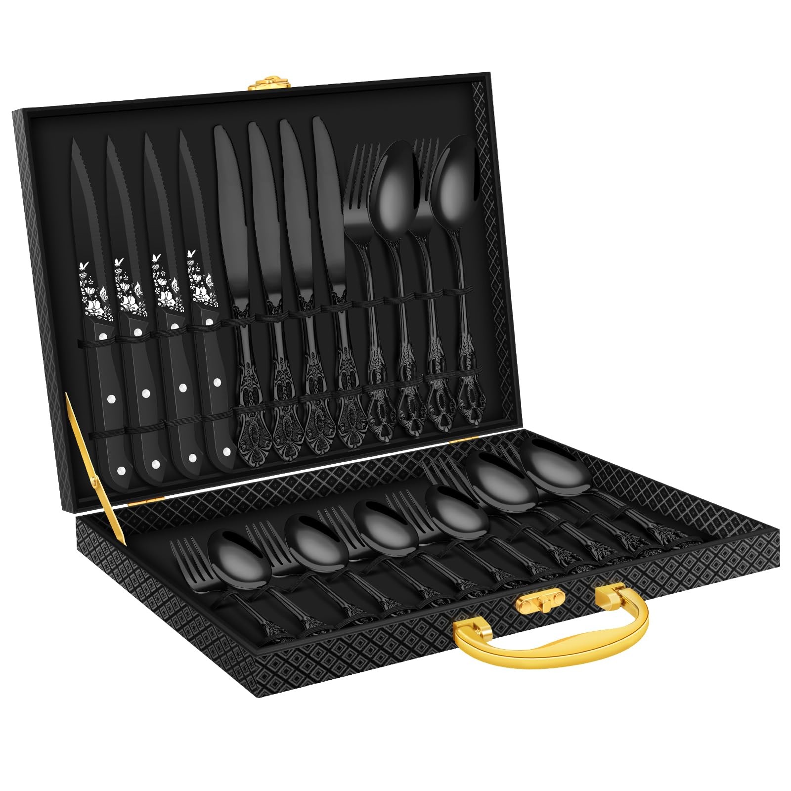 Black Silverware set with Steak , 24PCS Royal Flatware Set for 4 with , Food-…